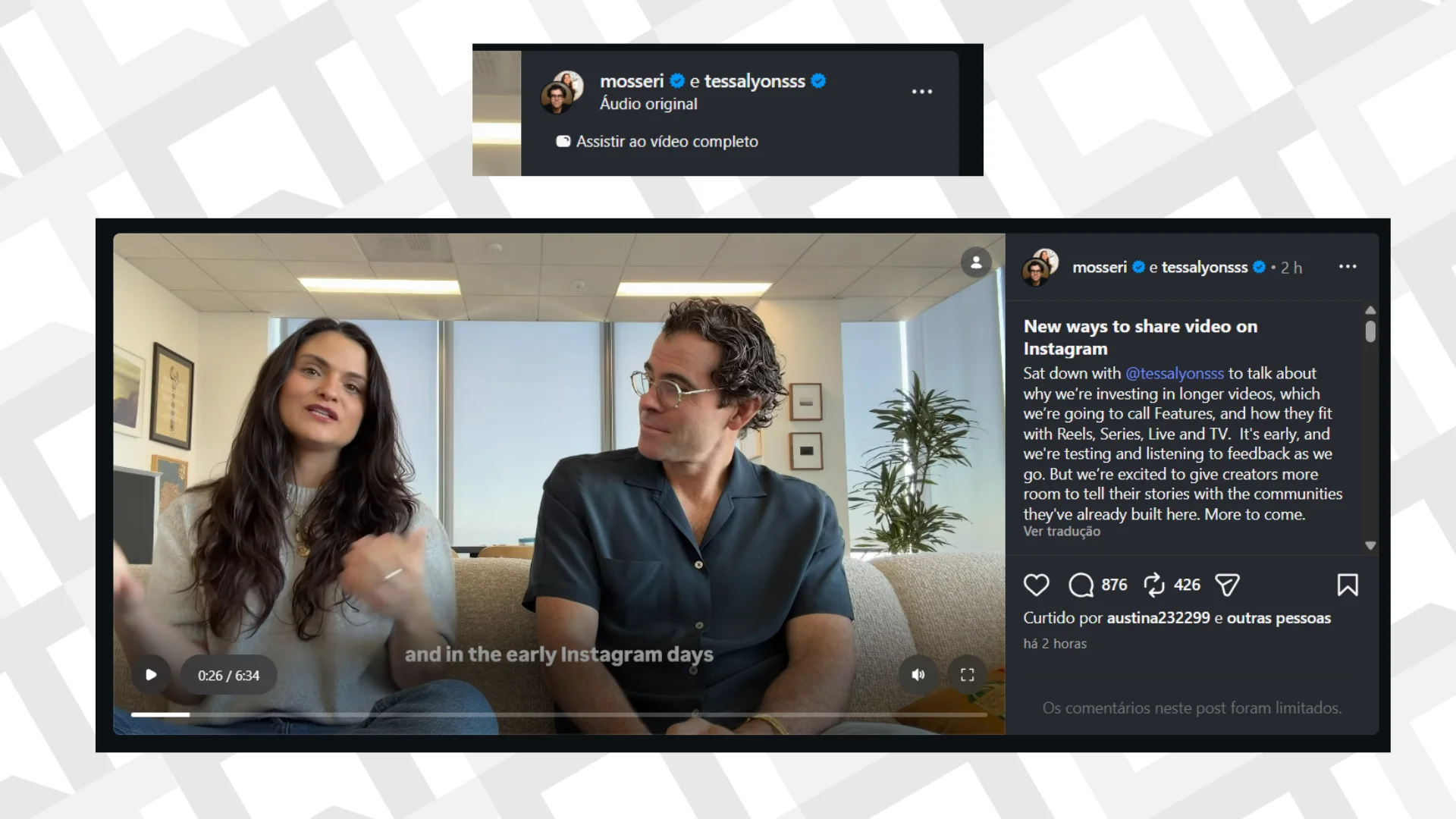 Editar informações da imagem Instagram vídeos longos